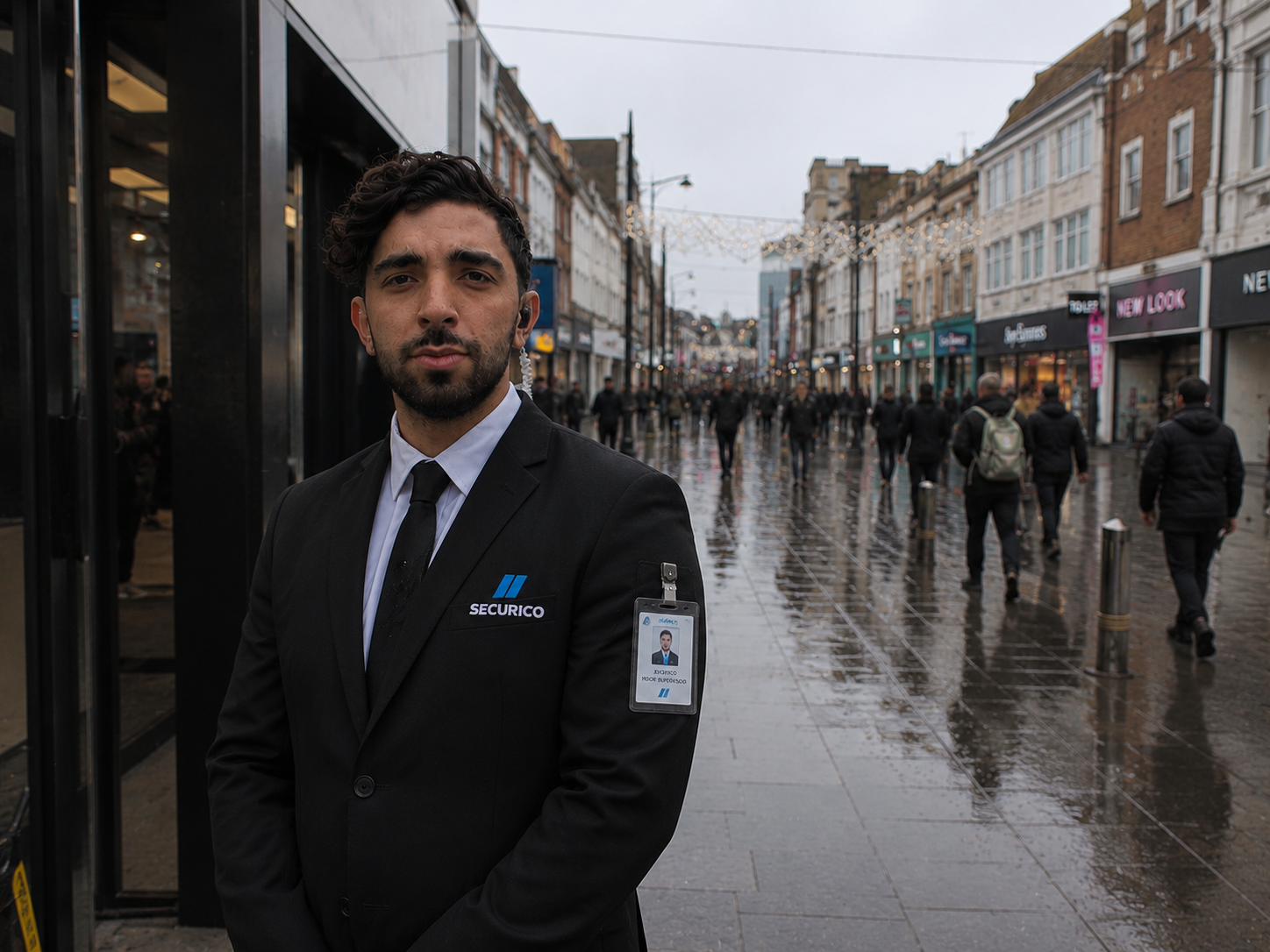 SIA door supervisor managing access at a busy public-facing venue