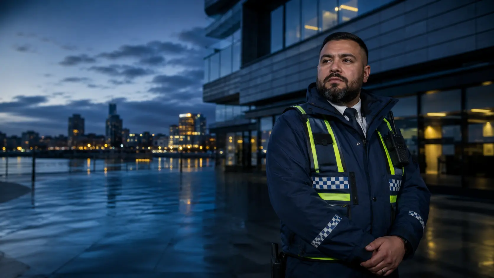 Security guard from a top Cardiff security company on duty outside commercial premises in Cardiff